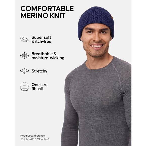 Men's Blue Merino Wool Fitted Stretch Beanie Soft Stretchy Fisherman Beanie Cap - Picture 2 of 6